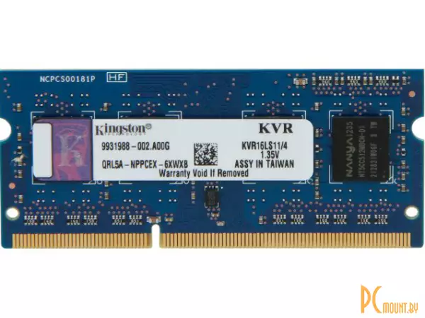 Память для ноутбука SODDR3L, 4GB, PC12800 (1600MHz), Kingston KVR16LS11/4, CL11, 1.35 В