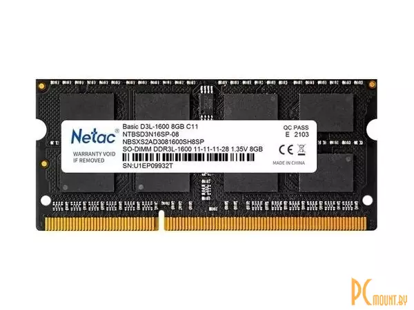 Память для ноутбука SODDR3L, 8GB, PC12800 (1600MHz), Netac NTBSD3N16SP-08